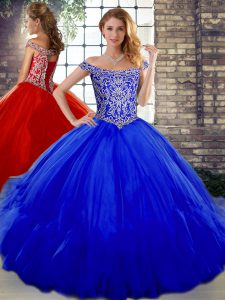 Floor Length Lace Up Quinceanera Dress Royal Blue for Military Ball and Sweet 16 and Quinceanera with Beading and Ruffles