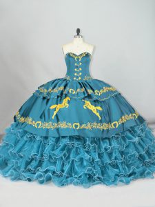 Brush Train Ball Gowns Quinceanera Gown Teal Sweetheart Satin and Organza Sleeveless Lace Up