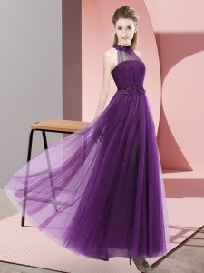Sleeveless Floor Length Beading and Appliques Lace Up Vestidos de Damas with Dark Purple
