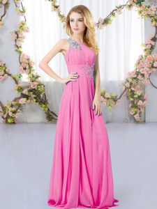 Fantastic Rose Pink Empire Chiffon One Shoulder Sleeveless Beading Floor Length Zipper Dama Dress