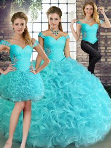 Delicate Aqua Blue Three Pieces Fabric With Rolling Flowers Off The Shoulder Sleeveless Beading Floor Length Lace Up Quinceanera Dresses