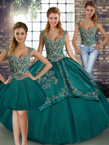 Traditional Teal Lace Up Straps Beading and Embroidery Sweet 16 Quinceanera Dress Tulle Sleeveless
