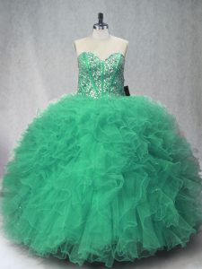 Deluxe Green Sleeveless Floor Length Beading and Ruffles Lace Up Ball Gown Prom Dress