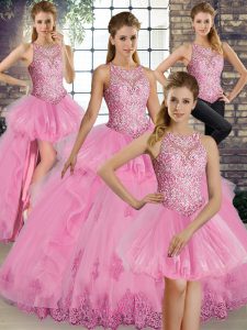 Rose Pink Lace Up Scoop Lace and Embroidery and Ruffles Sweet 16 Dress Tulle Sleeveless