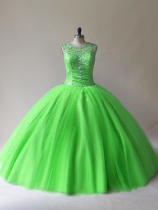 Dazzling Tulle Scoop Sleeveless Lace Up Beading Quinceanera Gowns in