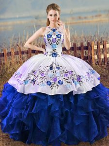 Attractive Floor Length Lace Up Sweet 16 Quinceanera Dress Blue And White for Sweet 16 and Quinceanera with Embroidery and Ruffles