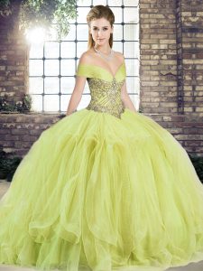 Sleeveless Floor Length Beading and Ruffles Lace Up Quinceanera Dress with Yellow Green