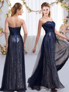 Chic Navy Blue Sleeveless Sequins Floor Length Quinceanera Court of Honor Dress