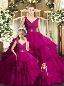 Fuchsia Ball Gowns Organza V-neck Sleeveless Beading and Ruffles Floor Length Backless Quinceanera Gown