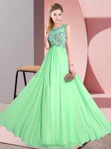 Green Empire Scoop Sleeveless Chiffon Floor Length Backless Beading and Appliques Quinceanera Dama Dress