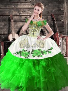 Sleeveless Organza Floor Length Lace Up Vestidos de Quinceanera in Green with Embroidery and Ruffles