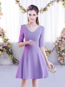 Custom Fit Lavender A-line Ruching Court Dresses for Sweet 16 Zipper Chiffon Half Sleeves Mini Length