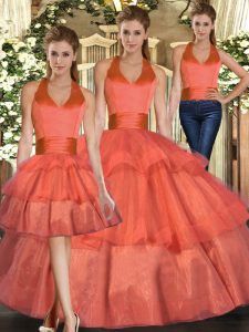 Fashion Orange Quinceanera Gown Sweet 16 and Quinceanera with Ruffled Layers Halter Top Sleeveless Lace Up