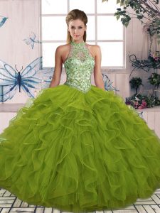Fitting Olive Green Ball Gowns Halter Top Sleeveless Tulle Floor Length Lace Up Beading and Ruffles Quinceanera Gowns