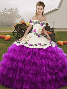 White And Purple Ball Gowns Off The Shoulder Sleeveless Organza Floor Length Lace Up Embroidery and Ruffled Layers Quince Ball Gowns