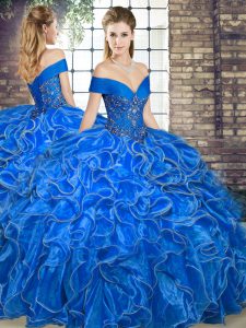 Hot Sale Royal Blue Sleeveless Floor Length Beading and Ruffles Lace Up Quinceanera Dresses