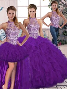 Comfortable Purple Tulle Lace Up Halter Top Sleeveless Floor Length Quinceanera Gowns Beading and Ruffles