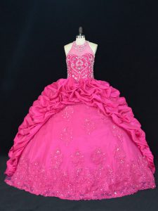 Smart Hot Pink Lace Up Halter Top Beading and Appliques and Embroidery and Pick Ups 15th Birthday Dress Taffeta Sleeveless