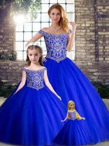 Royal Blue 15th Birthday Dress Off The Shoulder Sleeveless Brush Train Lace Up