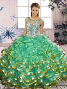 Turquoise Lace Up Scoop Beading and Ruffles Sweet 16 Dresses Organza Sleeveless
