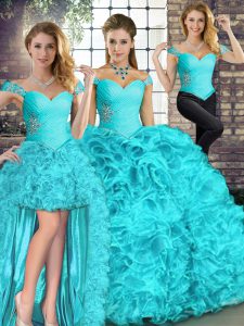 Simple Aqua Blue Sleeveless Floor Length Beading and Ruffles Lace Up Ball Gown Prom Dress