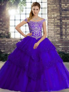 Purple Ball Gowns Tulle Off The Shoulder Sleeveless Beading and Lace Lace Up Vestidos de Quinceanera Brush Train