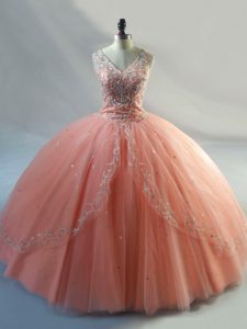 Customized Peach Ball Gowns Beading Vestidos de Quinceanera Lace Up Tulle Sleeveless Floor Length