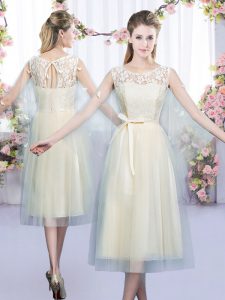 Elegant Sleeveless Tulle Tea Length Lace Up Vestidos de Damas in Champagne with Lace and Belt