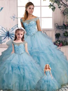 Elegant Sleeveless Floor Length Beading and Ruffles Lace Up 15 Quinceanera Dress with Light Blue
