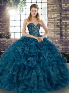 Glamorous Teal Sweetheart Lace Up Beading and Ruffles 15 Quinceanera Dress Sleeveless