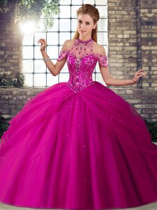 Halter Top Sleeveless Quince Ball Gowns Brush Train Beading and Pick Ups Fuchsia Tulle