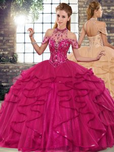 High Class Floor Length Ball Gowns Sleeveless Fuchsia Quinceanera Gowns Lace Up
