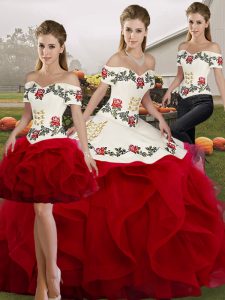 Cute White And Red Quinceanera Gown Military Ball and Sweet 16 and Quinceanera with Embroidery and Ruffles Off The Shoulder Sleeveless Lace Up