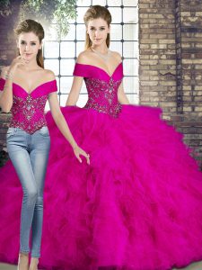 Admirable Fuchsia Two Pieces Off The Shoulder Sleeveless Tulle Floor Length Lace Up Beading and Ruffles Sweet 16 Quinceanera Dress