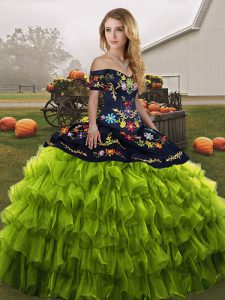 Charming Olive Green Sleeveless Floor Length Embroidery and Ruffled Layers Lace Up Quinceanera Dresses