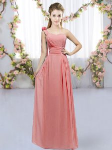Fancy Watermelon Red Chiffon Lace Up Dama Dress for Quinceanera Sleeveless Floor Length Hand Made Flower