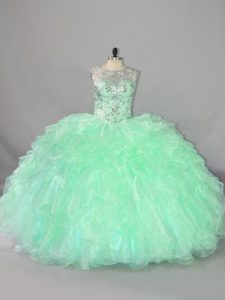 Apple Green Lace Up Scoop Beading and Ruffles Quince Ball Gowns Organza Sleeveless