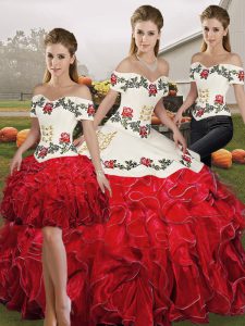 Captivating White And Red Organza Lace Up Ball Gown Prom Dress Sleeveless Floor Length Embroidery and Ruffles