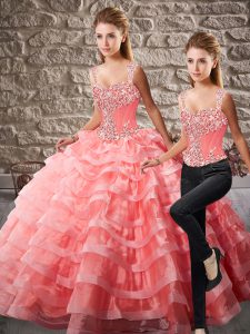 Charming Straps Sleeveless Quinceanera Dress Court Train Beading and Ruffled Layers Watermelon Red Organza