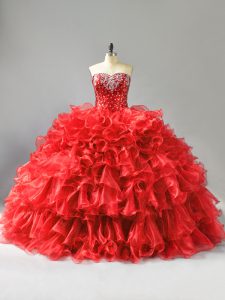 Floor Length Red Ball Gown Prom Dress Organza Sleeveless Beading and Ruffles and Sequins