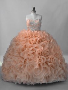 Low Price Peach Lace Up Quinceanera Gown Beading Sleeveless Brush Train