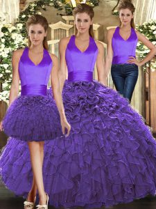 Pretty Purple Halter Top Neckline Ruffles Sweet 16 Dresses Sleeveless Lace Up
