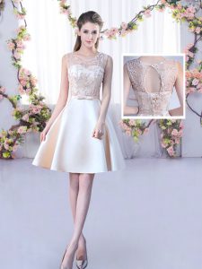 Scoop Sleeveless Dama Dress for Quinceanera Mini Length Lace and Belt Champagne Satin