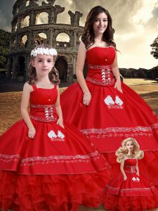 Affordable Red Sleeveless Floor Length Embroidery and Ruffles Lace Up Quinceanera Gowns