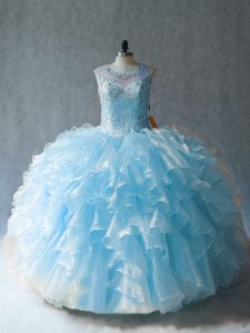 Blue Sleeveless Organza Lace Up Quinceanera Gowns for Sweet 16 and Quinceanera