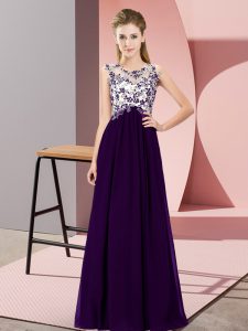 Sleeveless Chiffon Floor Length Zipper Quinceanera Court of Honor Dress in Purple with Beading and Appliques