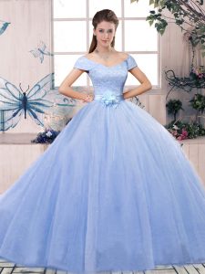 Tulle Short Sleeves Floor Length Quinceanera Dress and Lace and Hand Made Flower