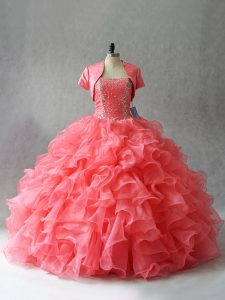 Colorful Watermelon Red Sleeveless Floor Length Beading Lace Up Quinceanera Gown