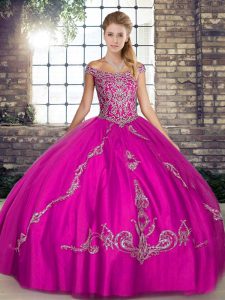 Free and Easy Floor Length Lace Up 15 Quinceanera Dress Fuchsia for Military Ball and Sweet 16 and Quinceanera with Beading and Embroidery