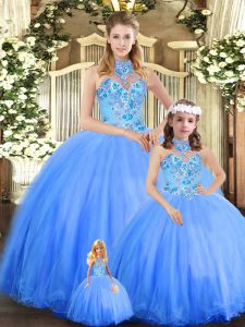 Custom Made Blue Ball Gowns Tulle Halter Top Sleeveless Embroidery Floor Length Lace Up Sweet 16 Dress